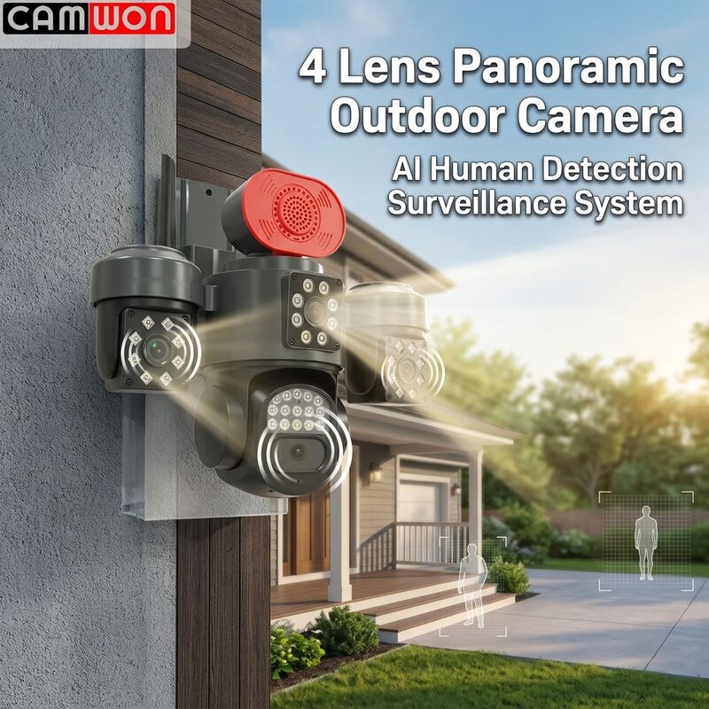 Solar Battery Power Outdoor 4 Lens Camera 4G Sim Wireless CCTV System AI Security Camera